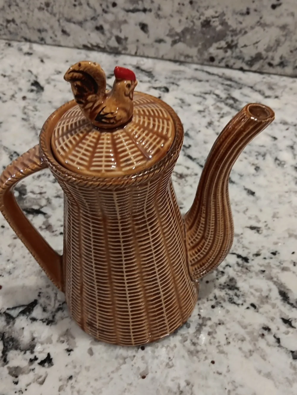 Brown Vintage Ceramic Coffee Pot with Rooster Lid - Classic Kitchen Accent